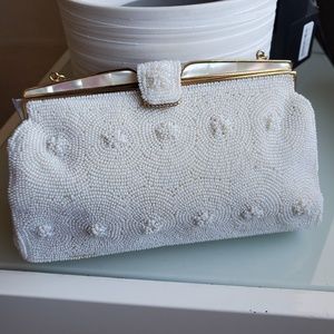 Vintage White Glass Seed Bead Mother of Pearl Satin Evening Bag